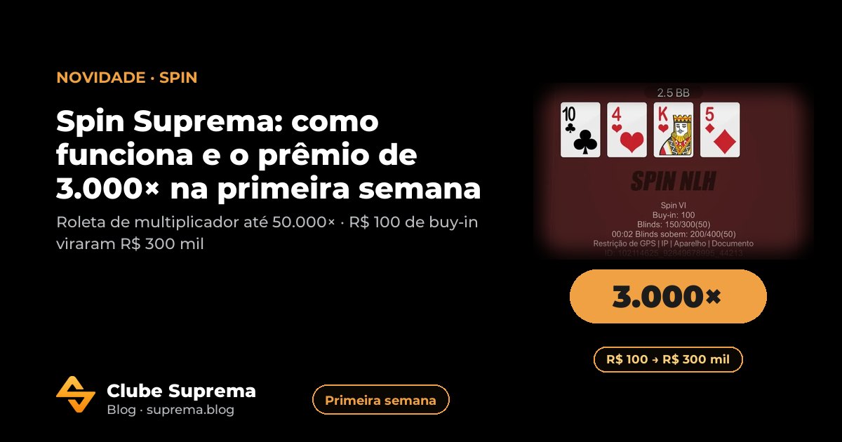 Tela do app Suprema Poker com o multiplicador 3.000× do Spin e o título "Spin Suprema