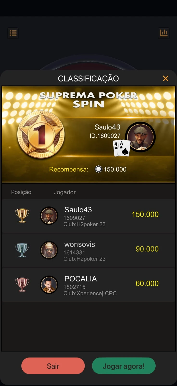 Tela de classificação do Suprema Poker Spin com o campeão Saulo43 em primeiro lugar, recompensa de R$ 150.000, seguido de wonsovis com R$ 90.000 e POCALIA com R$ 60.000