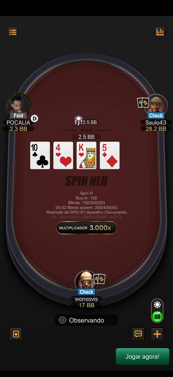 Mesa Spin NLH do app Suprema Poker com o multiplicador 3.000× em destaque, três jogadores e as cartas comunitárias 10 de paus, 4 de copas, rei de copas e 5 de ouros